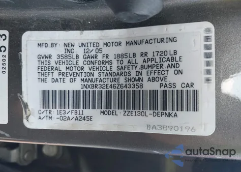 2006 Toyota Corolla Le из США, поврежденный, VIN 1NXBR32E46Z643358